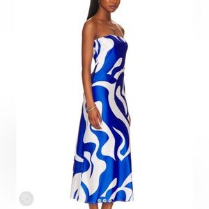 Stylish Blue and White Strapless Midi Dress